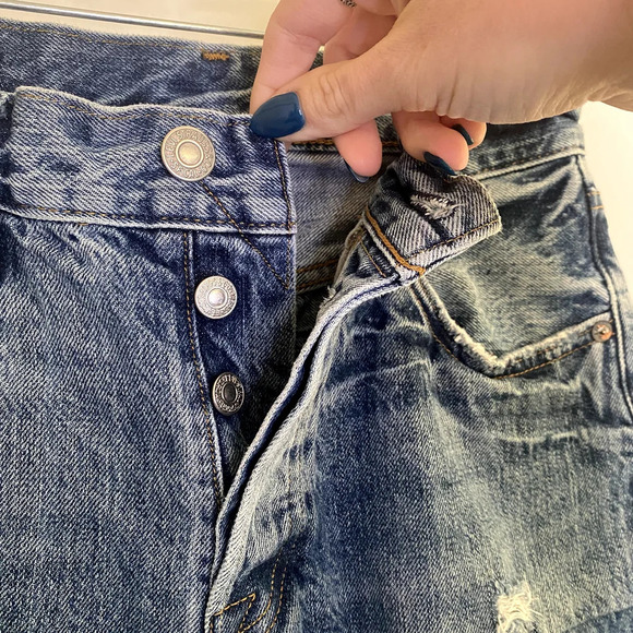 Levi's 501 Color-block Patchwork Ragged Lands Raw Hem Slim Straight Jeans - Picture 5 of 9